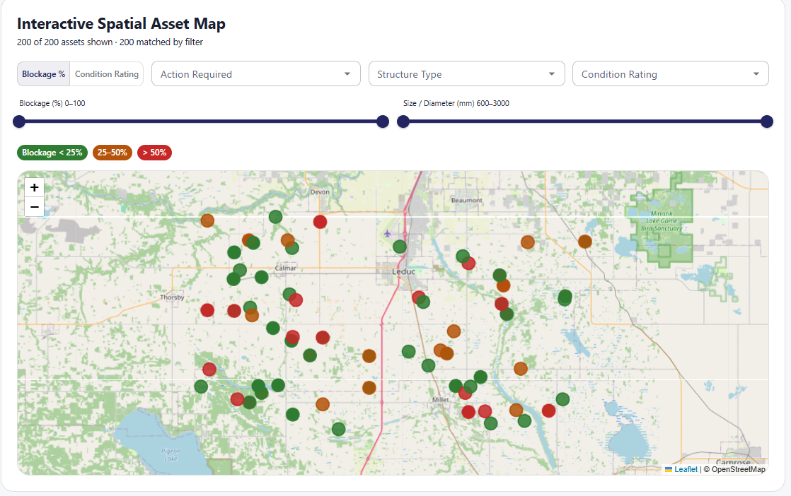 GIS map showing culvert assets plotted by location with condition ratings